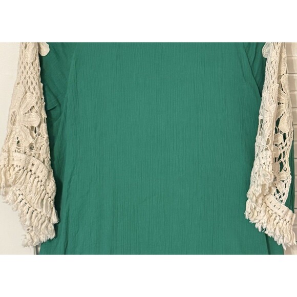 UMGEE Green Gauzy Tunic Top w Flower Crochet Sleeves Fringe Hem Cottagecore Lg - Picture 5 of 11